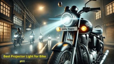 A Royal Enfield bike in the foreground with its projector headlight on, surrounded by other bikes with similar lights on a dark, illuminated street. This image represents the blog post about the best projector lights for 8 different bikes.