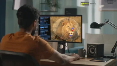 A man using the DragGAN AI editing tool on a desktop to morph a lion’s face, showcasing smart photo editing by infoTopic.